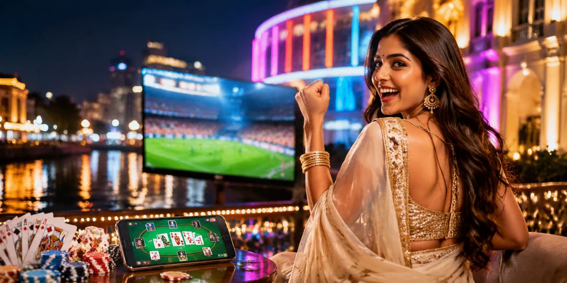 Elegant woman enjoying Teen Patti game at Connaught Place Delhi on mobile phone