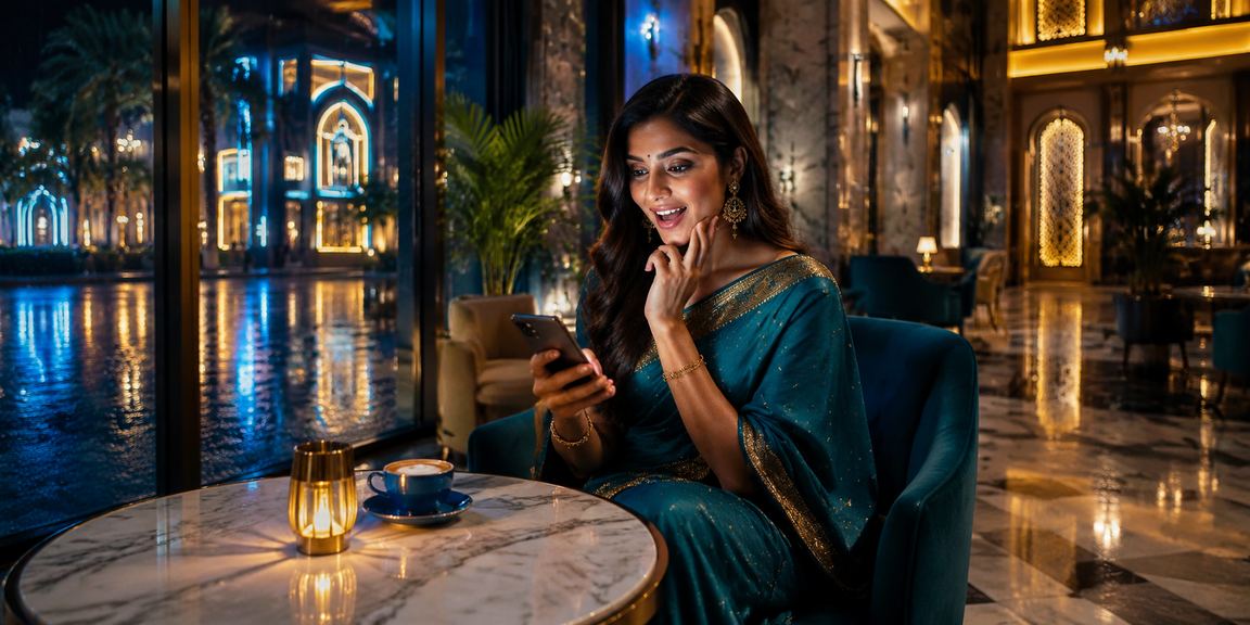 Indian woman playing mobile slots game in traditional saree with bright casino background