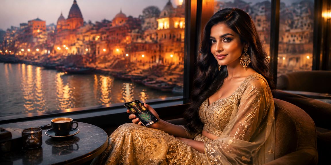 Traditional Indian woman playing Teen Patti surrounded by warm cultural elements in Varanasi